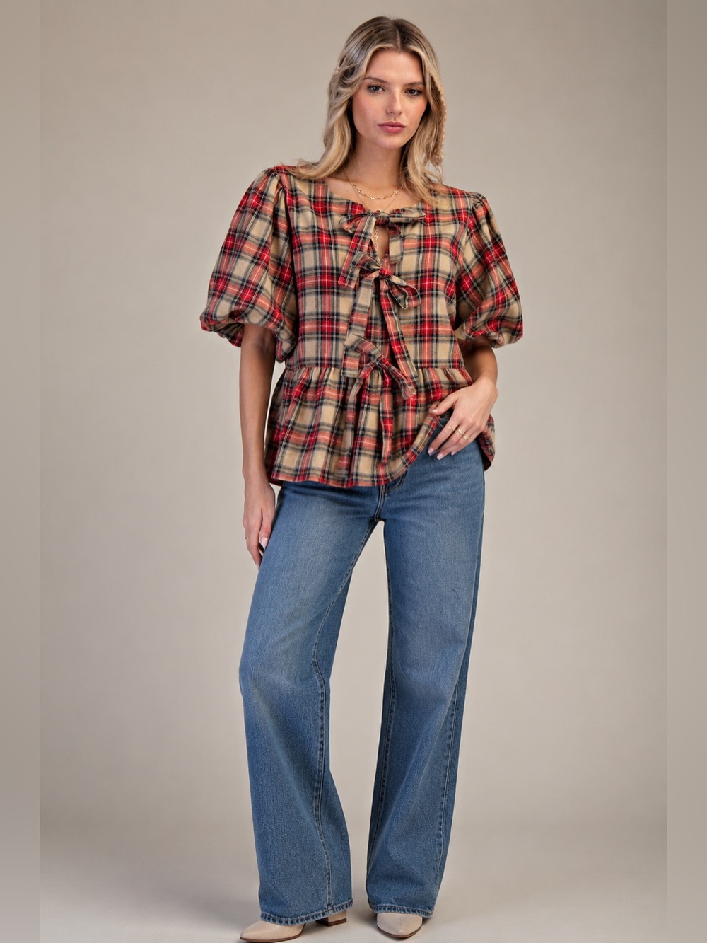 #101 New! Easel Plaid Tie-Front Peplum Top